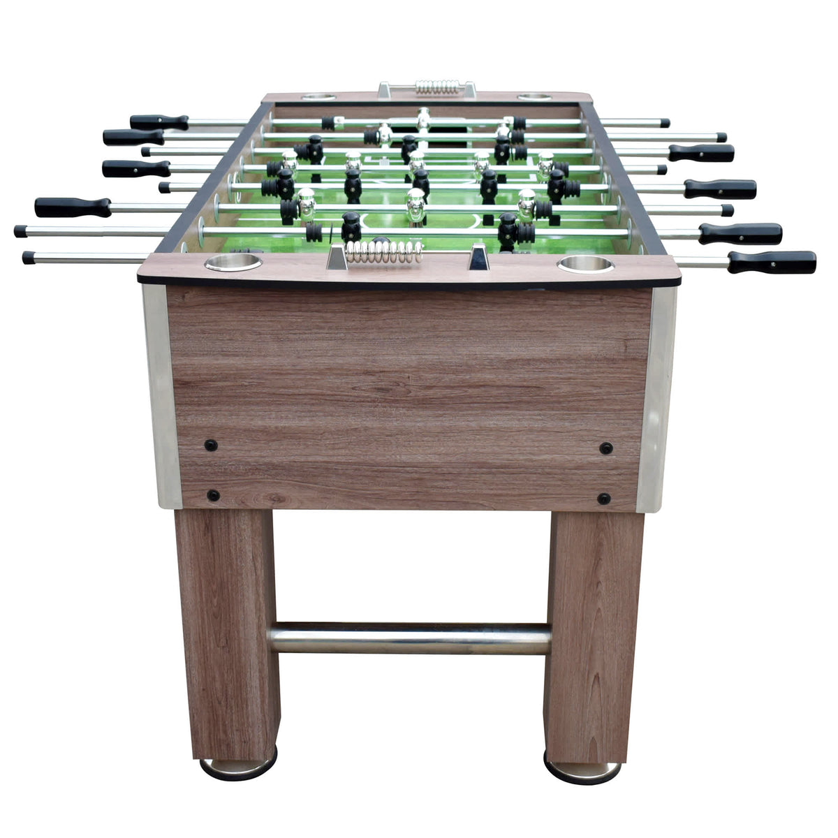 Hathaway Driftwood Foosball Table - end-on view showing the goal face and cup holders