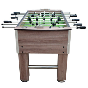 Hathaway Driftwood Foosball Table - end-on view showing the goal face and cup holders