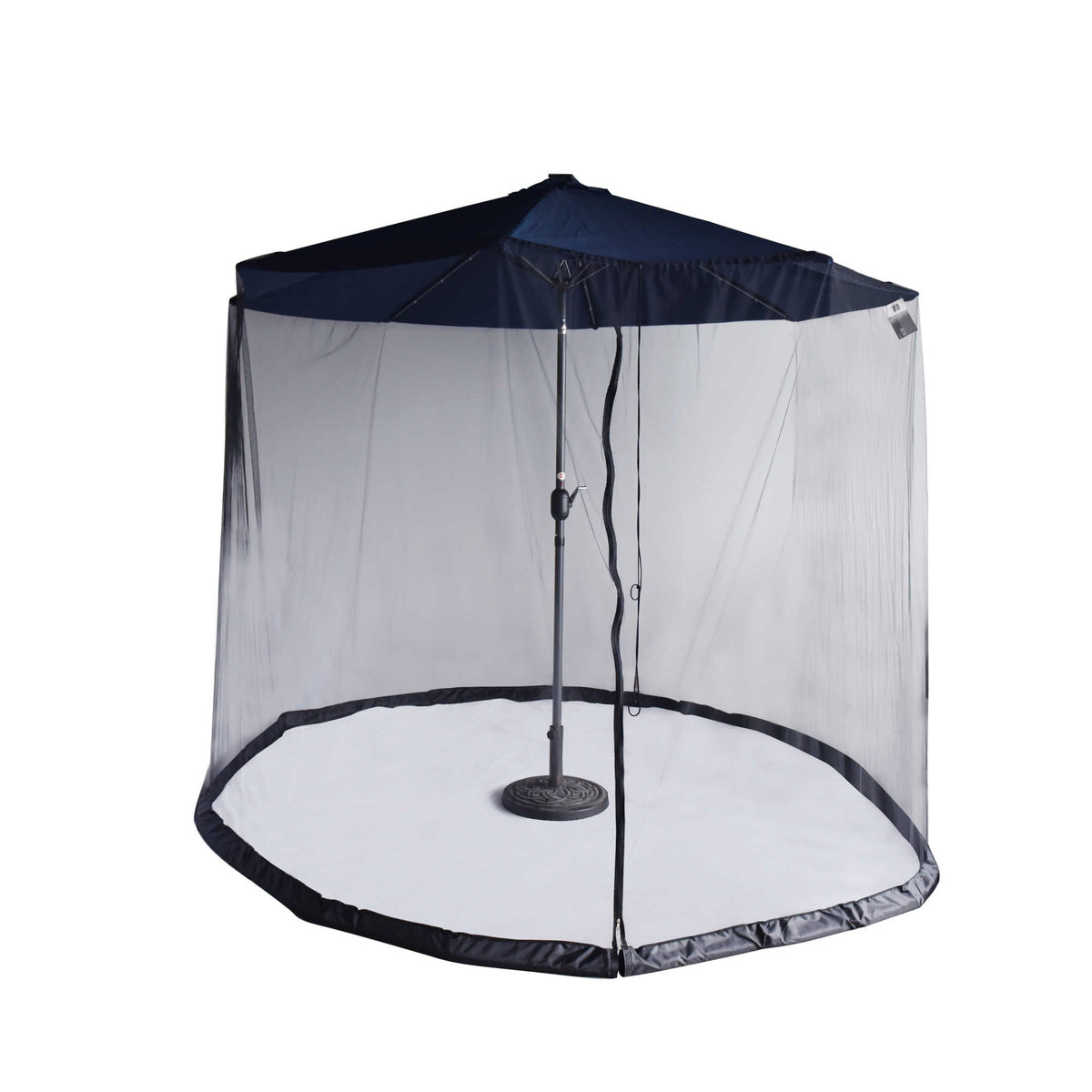 Island Umbrella Bug Screen - mesh screen hung around an open navy market umbrella