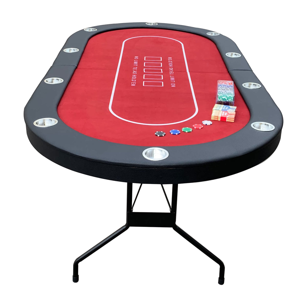 Hathaway Fourth Street Texas Holdem Table - three-quarter view with chips and cards on the felt