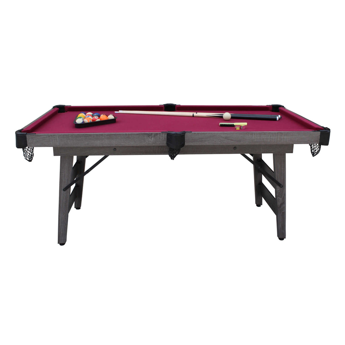 Hathaway Pendleton 6-ft Pool Table - side elevation on white with folding legs down and balls racked