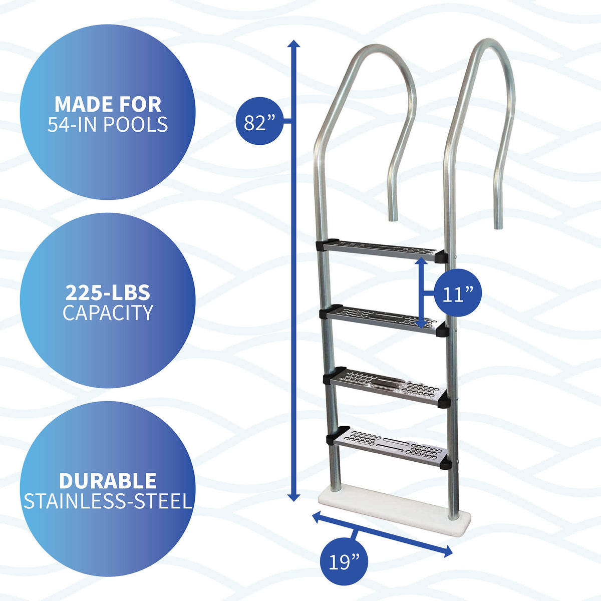 Blue Wave Premium Stainless Reverse Bend Ladder - 82 in high, 19 in base, 11 in rise; for 54-in pools