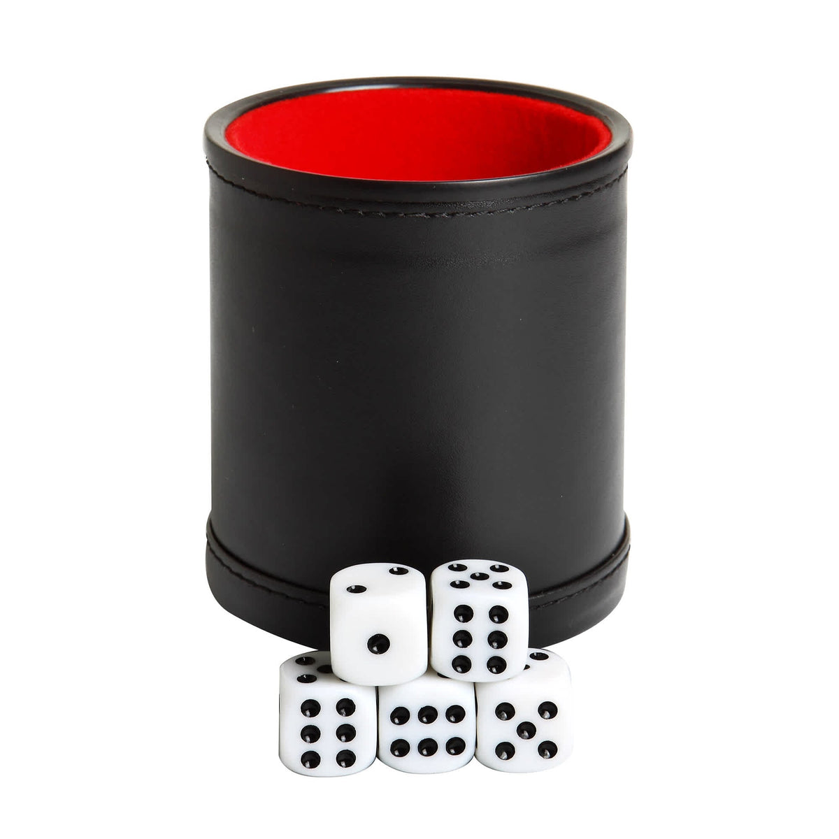 Hathaway Modifier Dice Cup - cup upright showing the red felt lining, dice stacked in front