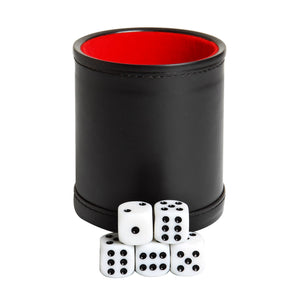 Hathaway Modifier Dice Cup - cup upright showing the red felt lining, dice stacked in front