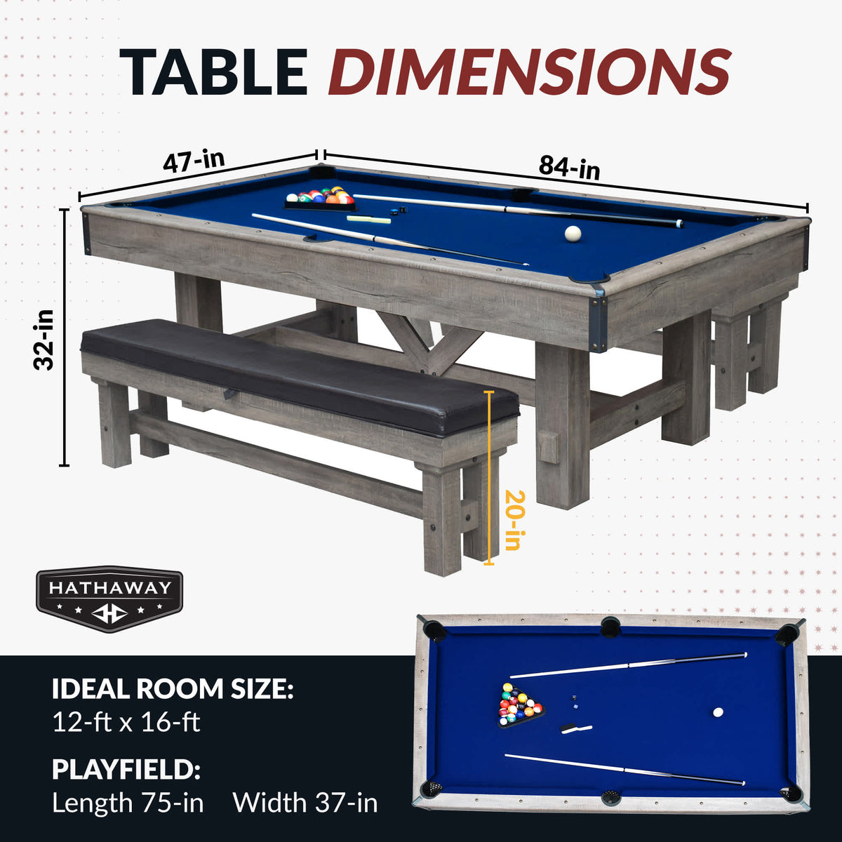 Hathaway Logan 7-ft Pool Table Combo Set with Benches Game Room Table — dimension and specification diagram
