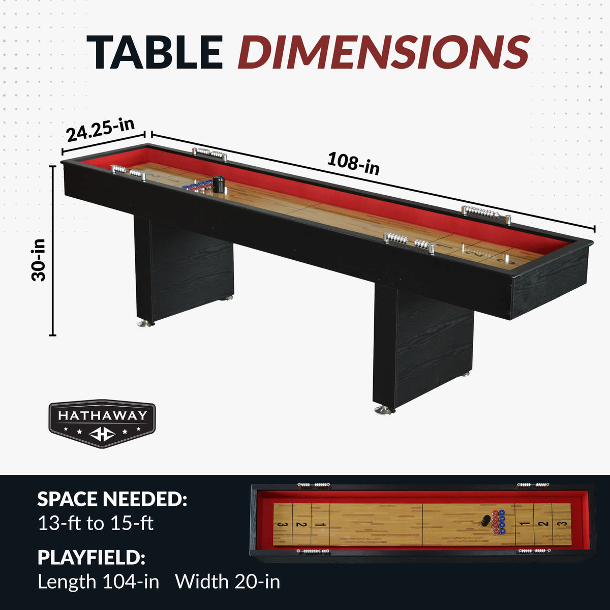 Hathaway Avenger 9-ft Shuffleboard Table - Black Finish Game Room Table — dimension and specification diagram