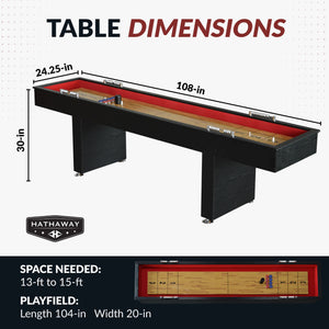 Hathaway Avenger 9-ft Shuffleboard Table - Black Finish Game Room Table — dimension and specification diagram