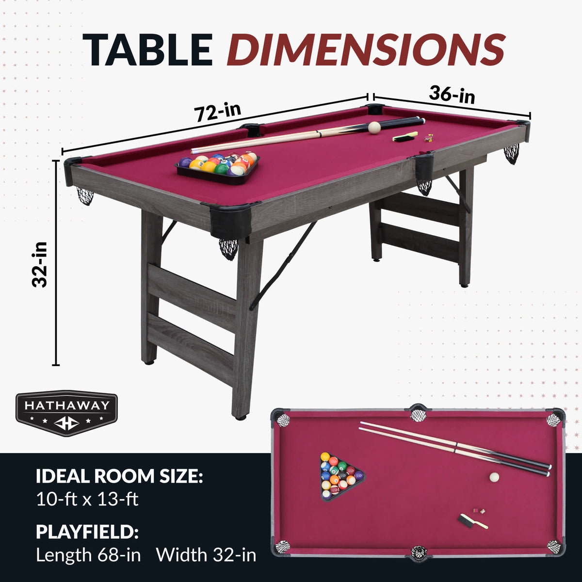 Hathaway Pendleton 6-ft Pool Table - 72 x 36 x 32 in; 68 x 32 in playfield, 10 x 13 ft room needed