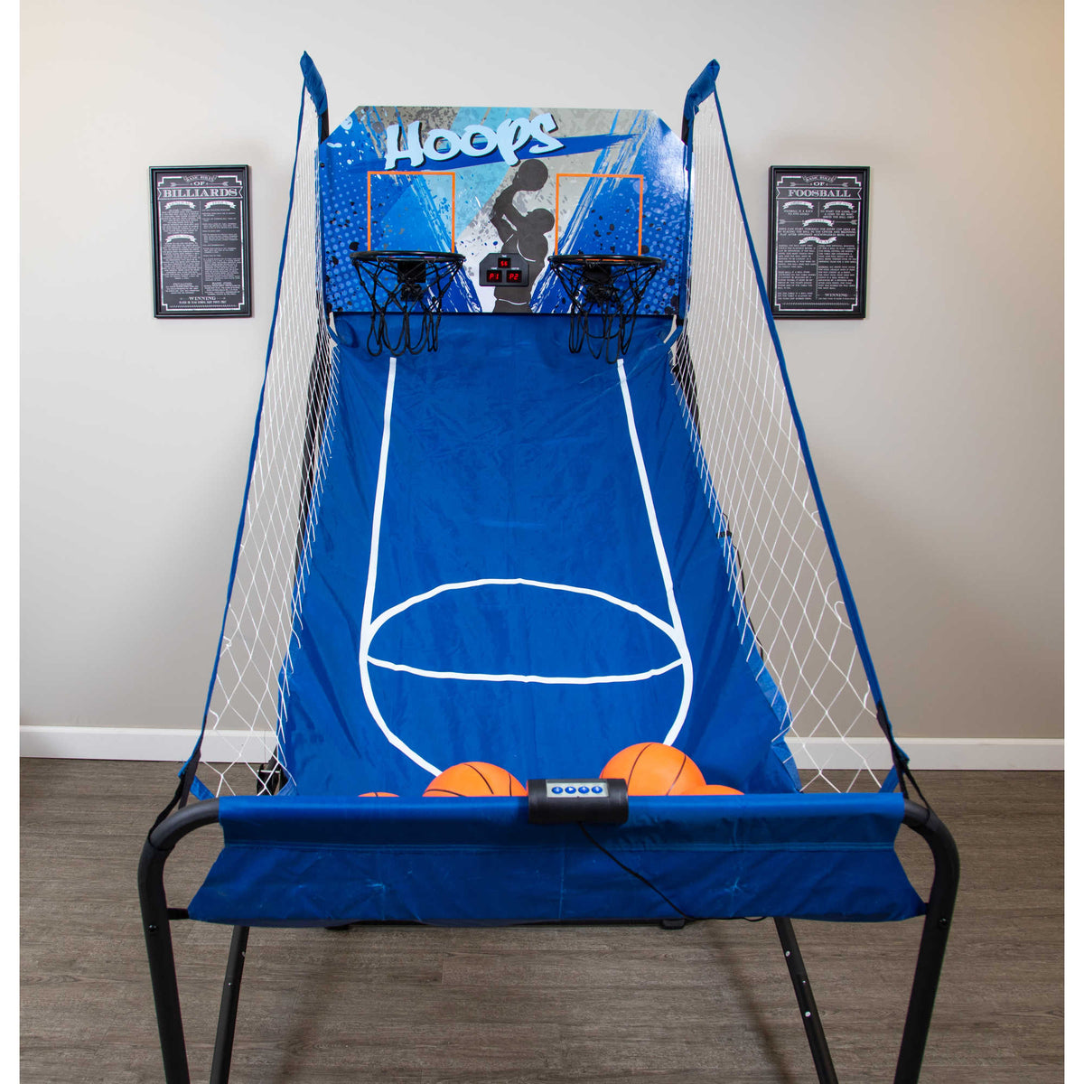 Hathaway Hoops Dual Basketball Arcade - full unit head on with both hoops, ramp and ball rack