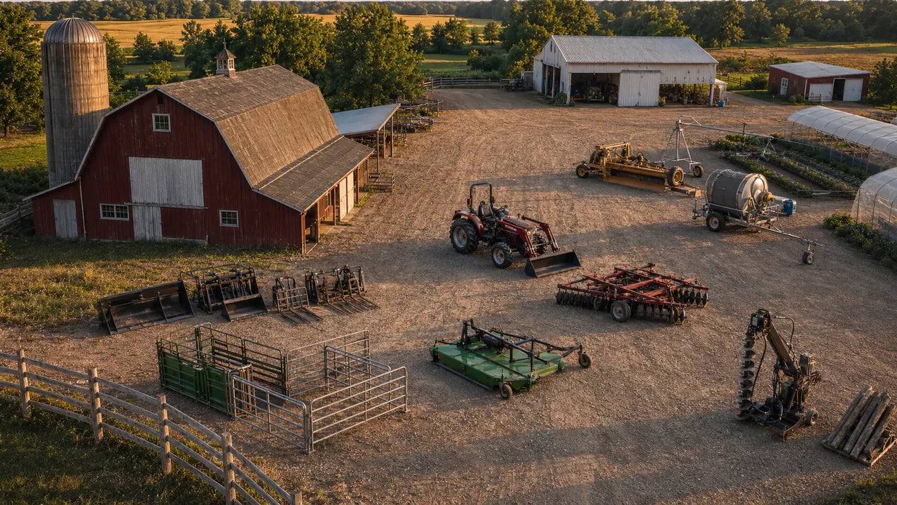Completed farmyard with equipment categories arranged around a tractor